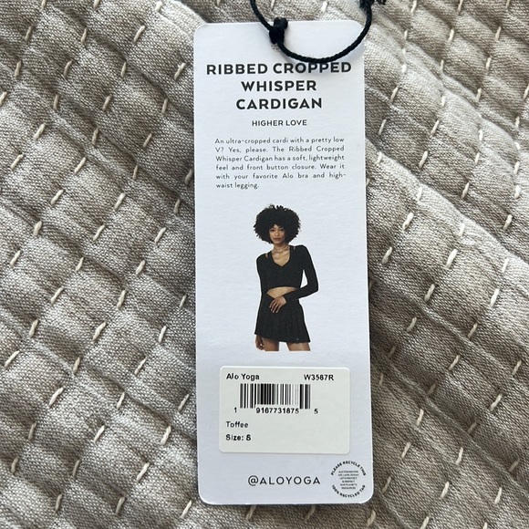 Alo Ribbed Cropped Whisper Long Sleeve Cardigan in Toffee - Picture 7 of 7